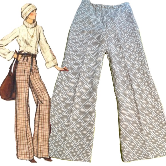 VINTAGE 70s bellbottom wide leg trouser pants argyle plaid elastic waist women’s - Picture 1 of 8